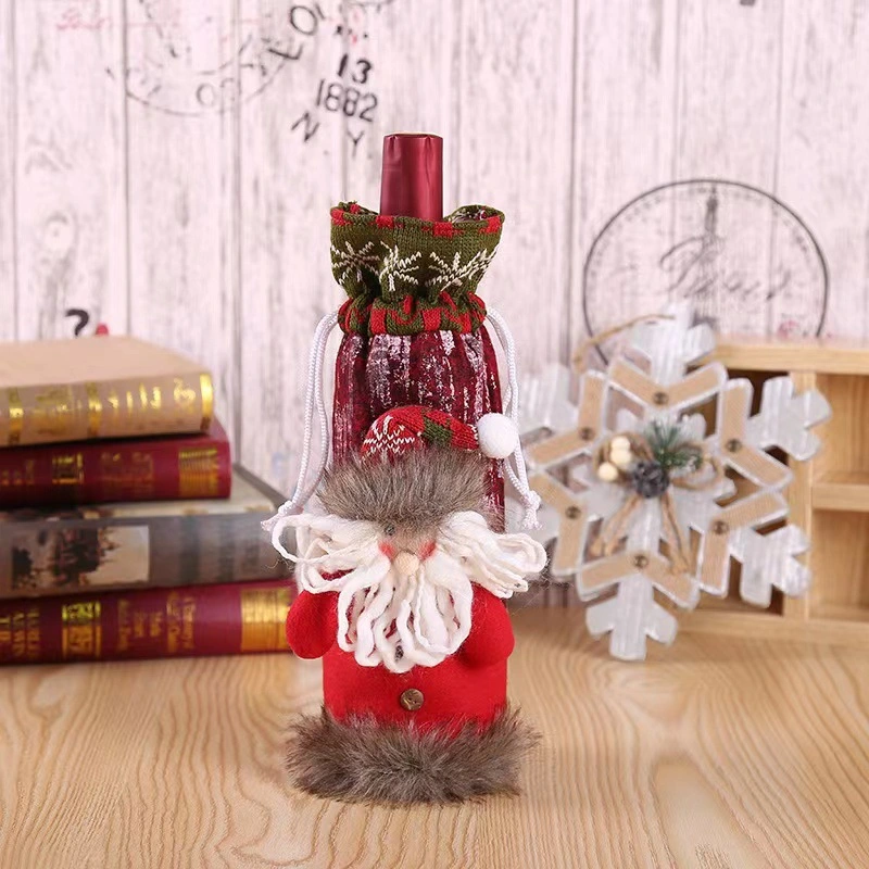 Christmas Decorations New Cute Knitted Fabric Imitation Leather Three-Dimensional Doll Wine Bottle Set Table Decoration