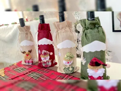 4 diseños de cubiertas navideñas para botellas de vino, suéter tejido de decoración, decoración para botellas de alce y muñeco de nieve de Papá Noel