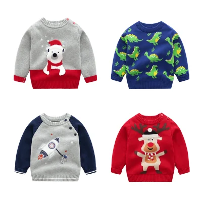 Boutique de alta calidad, suéteres de invierno para niños, Jersey de algodón 100% Unisex, ropa de punto, suéter de Navidad con estampado de dibujos animados para niños