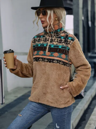 Acogedor suéter de invierno con estampado geométrico para mujer, sudadera con capucha, suéter de lana suelto multicolor para mujer doble